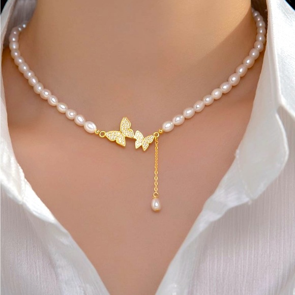 [Weekly Sale] 925 Sterling Gold Freshwater Pearl Butterfly Hip Hop Necklace - Picture 2 of 3